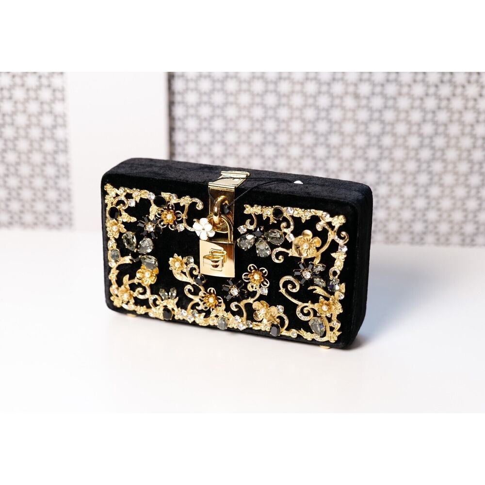 Dolce & Gabbana Velvet Crystal Embellished Golden Floral Clutch Bag RRP €3,875